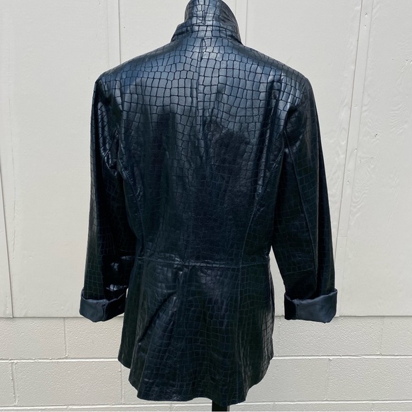 Dialogue Black Leather Jacket Croc Embossed Coat Lined Shimmer Size L Pockets - Picture 5 of 16